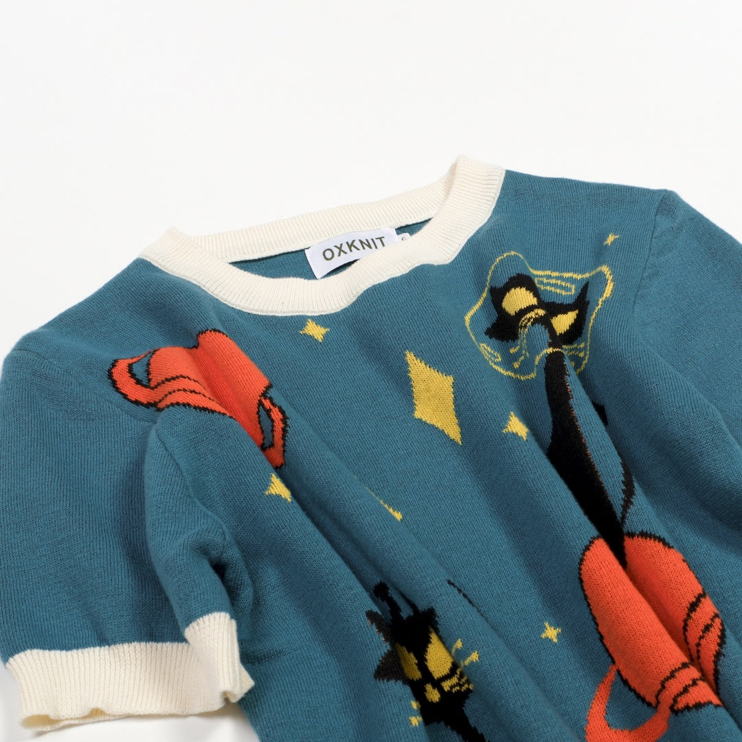 Dame Retro Space Cat Jacquard Strik T-shirt - Designet af Tala Hunt