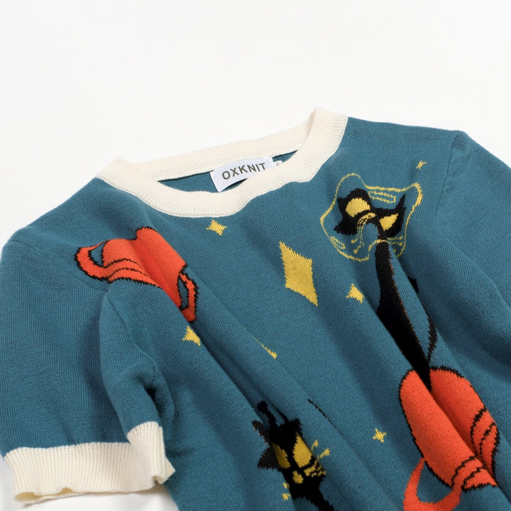 Dame Retro Space Cat Jacquard Strik T-shirt - Designet af Tala Hunt