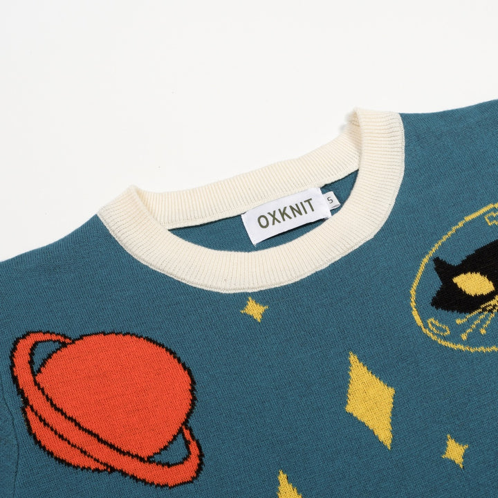 Dame Retro Space Cat Jacquard Strik T-shirt - Designet af Tala Hunt