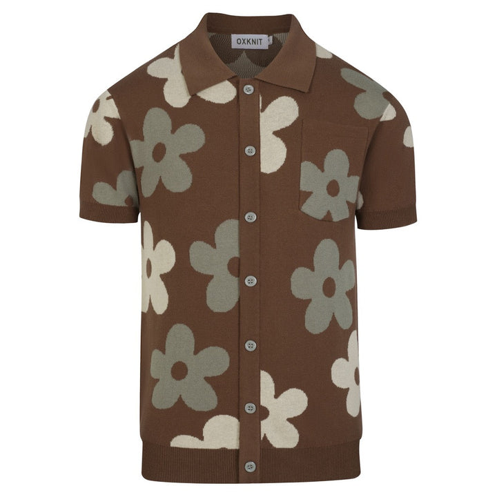 Herrbrun 70-tals Groovy Blommig Polo Stickad Kofta