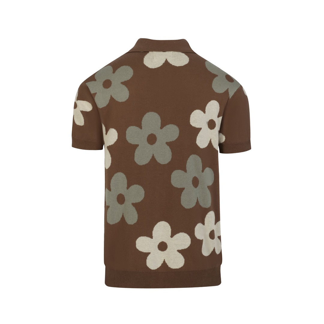 Herrbrun 70-tals Groovy Blommig Polo Stickad Kofta