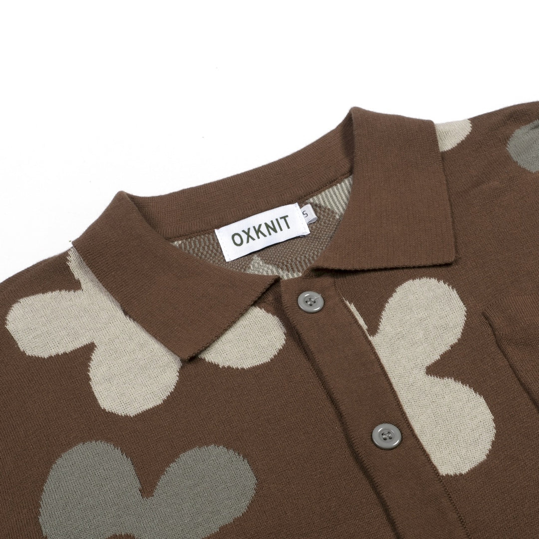 Herrbrun 70-tals Groovy Blommig Polo Stickad Kofta