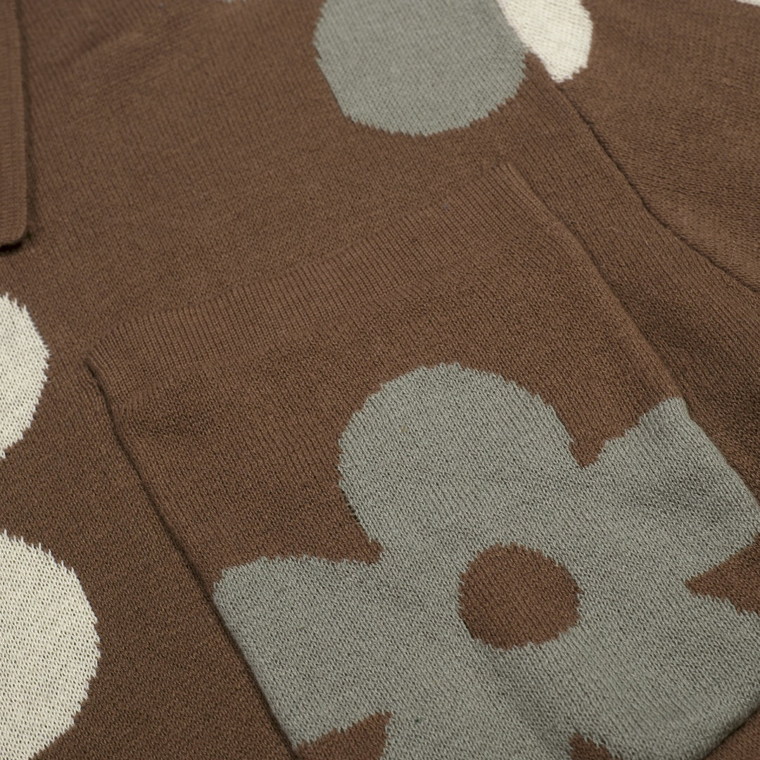 Herrbrun 70-tals Groovy Blommig Polo Stickad Kofta