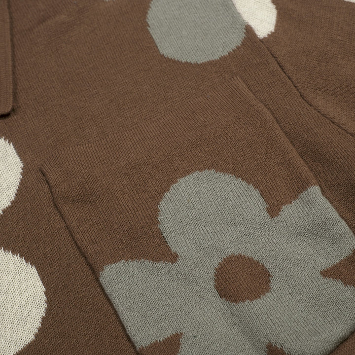 Herrbrun 70-tals Groovy Blommig Polo Stickad Kofta