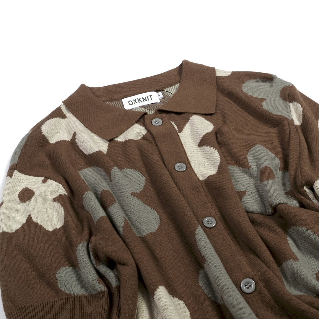 Herrbrun 70-tals Groovy Blommig Polo Stickad Kofta