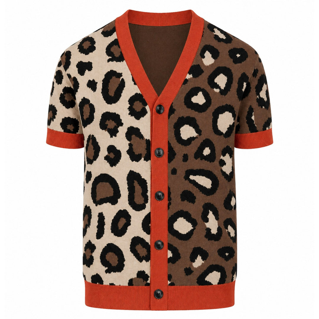 Men's Retro Color-Block Leopard Pattern  Knit Cardigan