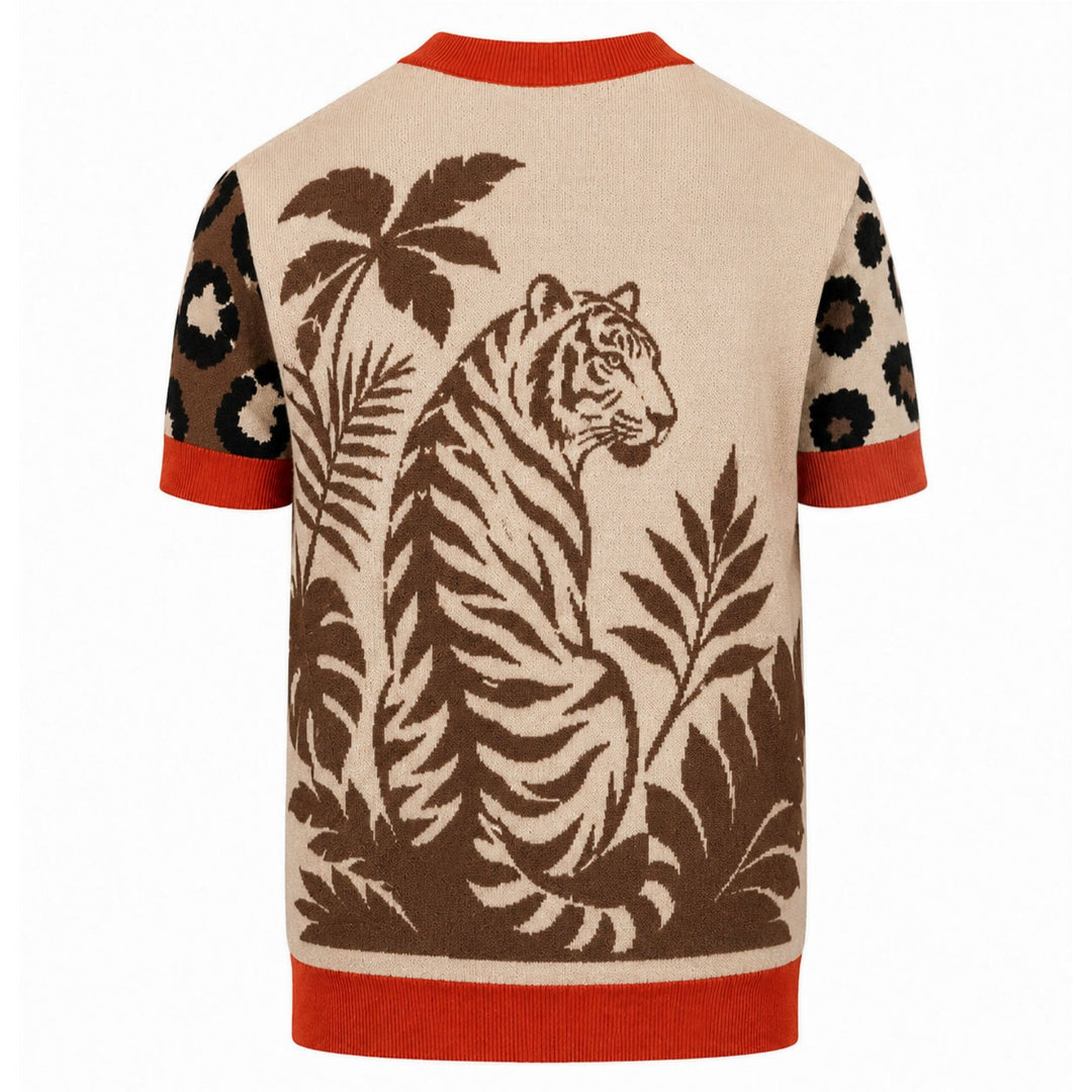 Men's Retro Color-Block Leopard Pattern  Knit Cardigan