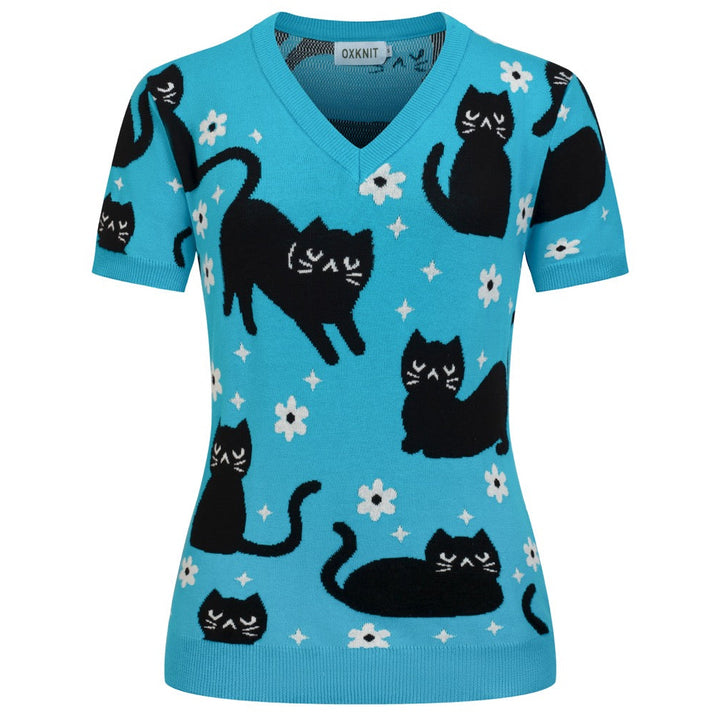Camiseta de punto azul para mujer con estampado de gato, cuello en V, estilo años 70