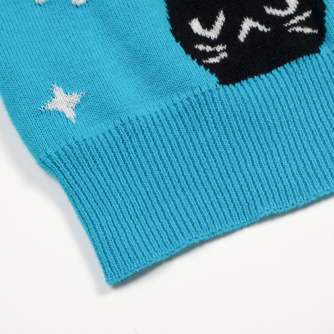 Camiseta de punto azul para mujer con estampado de gato, cuello en V, estilo años 70