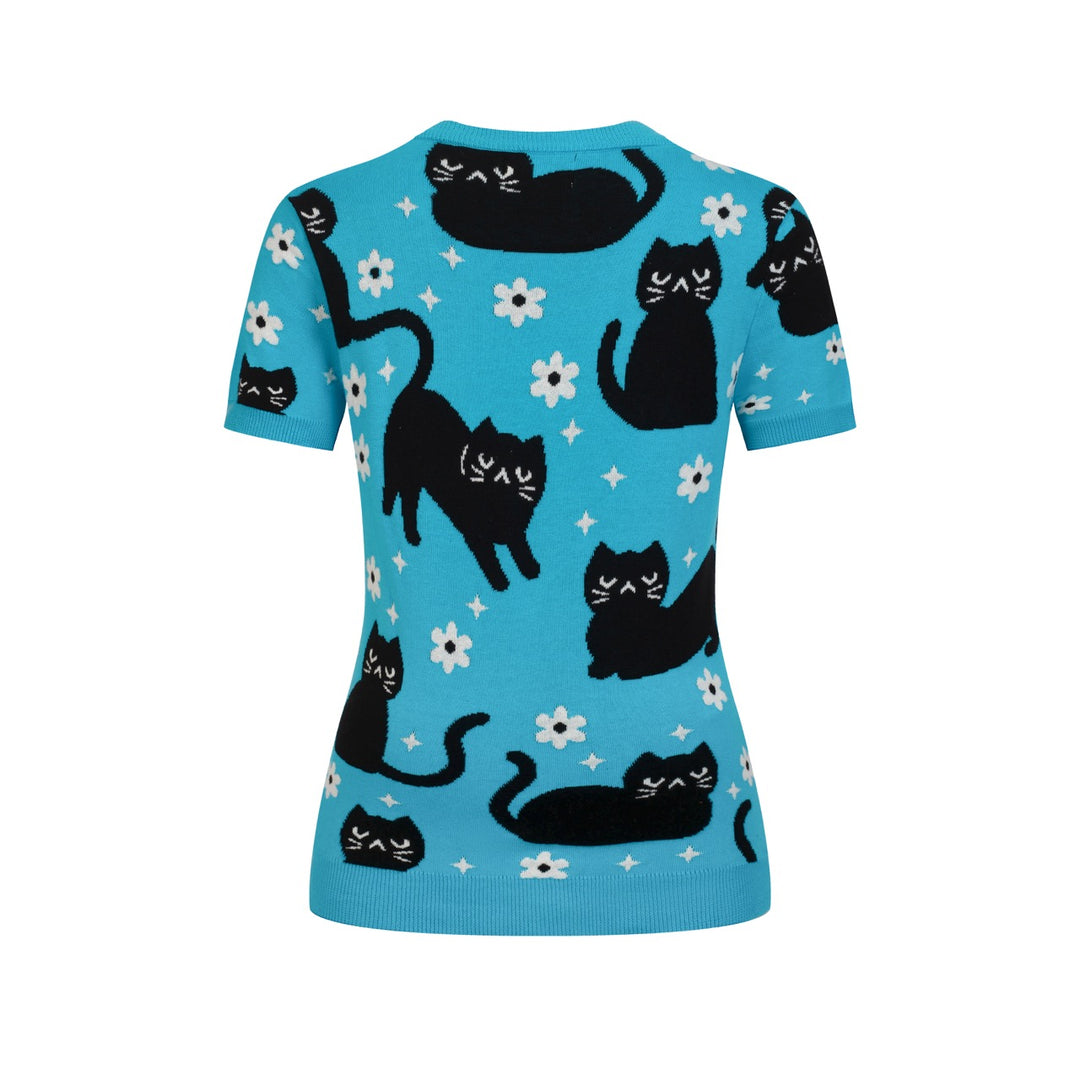 Camiseta de punto azul para mujer con estampado de gato, cuello en V, estilo años 70