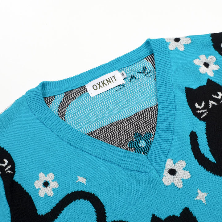 Camiseta de punto azul para mujer con estampado de gato, cuello en V, estilo años 70
