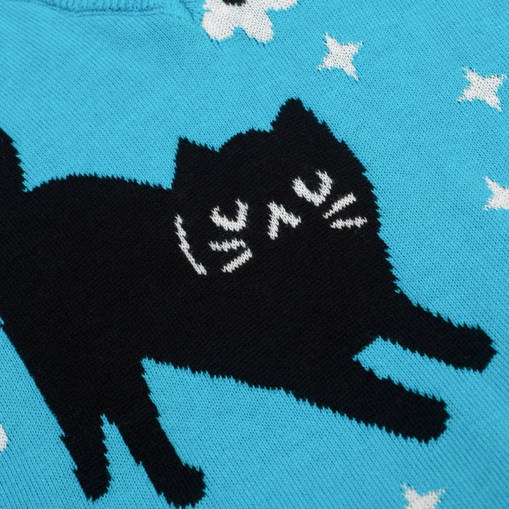 Camiseta de punto azul para mujer con estampado de gato, cuello en V, estilo años 70