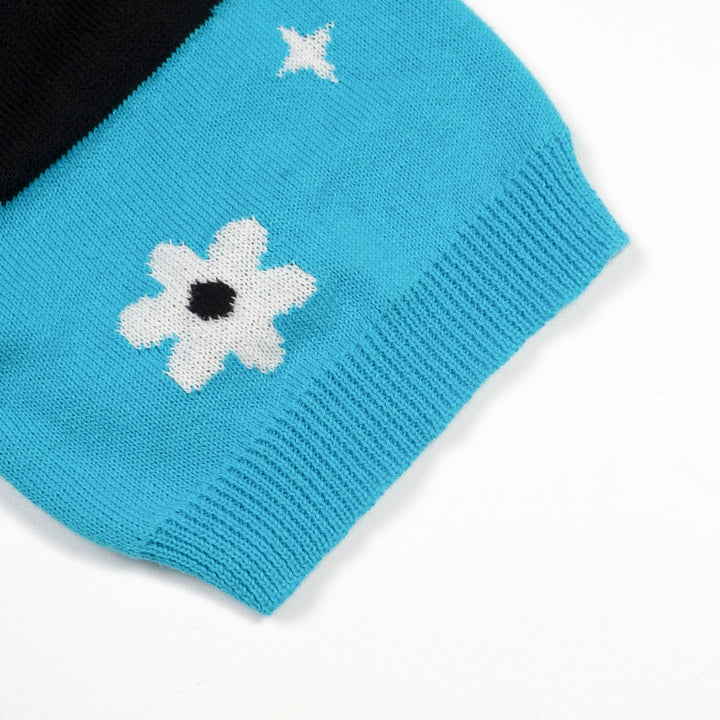 Camiseta de punto azul para mujer con estampado de gato, cuello en V, estilo años 70