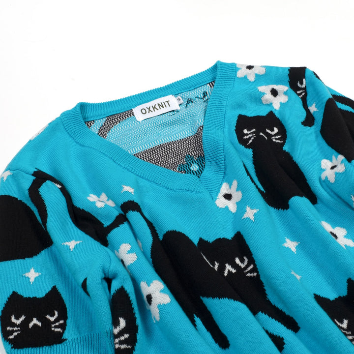 Camiseta de punto azul para mujer con estampado de gato, cuello en V, estilo años 70