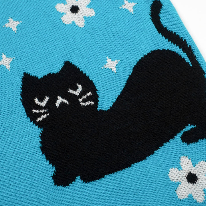 Camiseta de punto azul para mujer con estampado de gato, cuello en V, estilo años 70