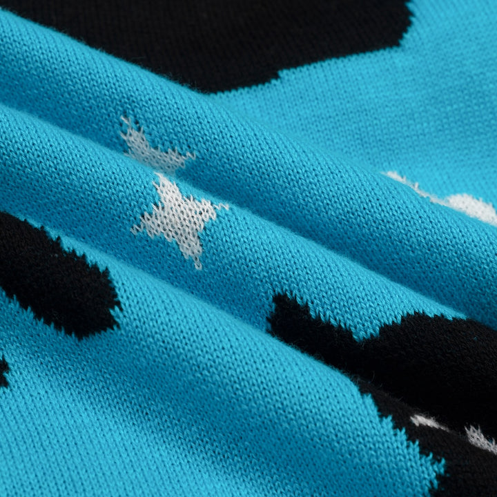 Camiseta de punto azul para mujer con estampado de gato, cuello en V, estilo años 70