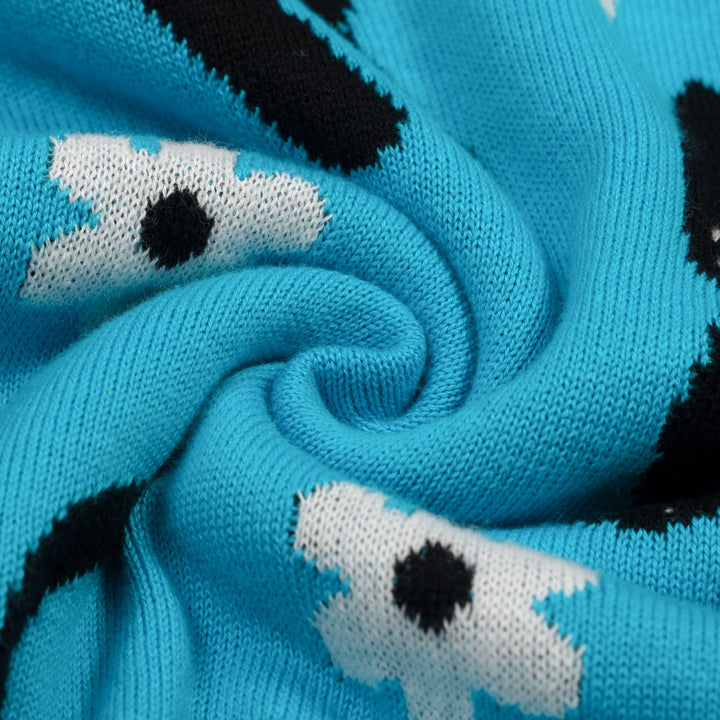 Camiseta de punto azul para mujer con estampado de gato, cuello en V, estilo años 70