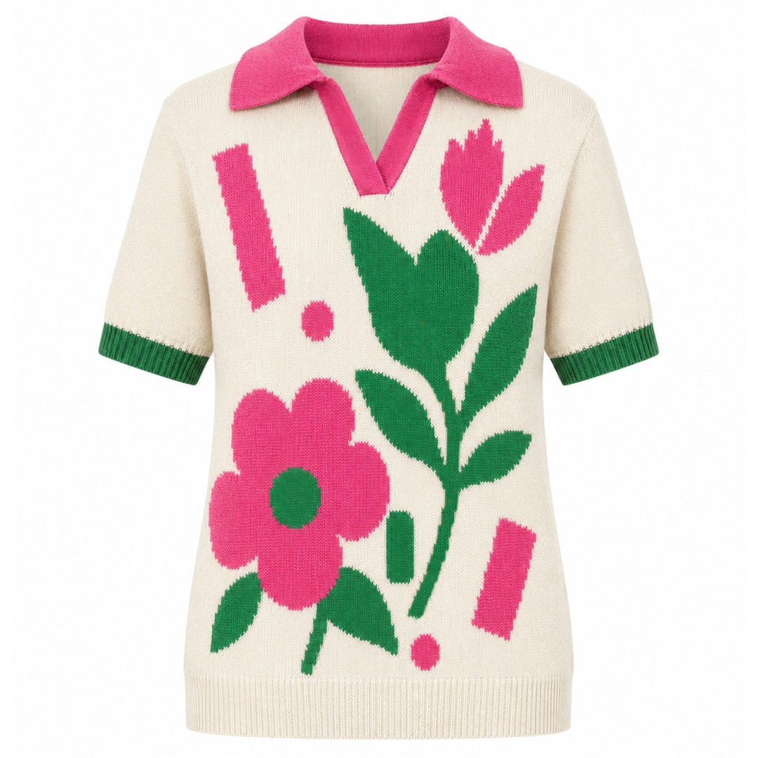 Svart fågelkonst Jacquard Stickad T-shirt för kvinnor