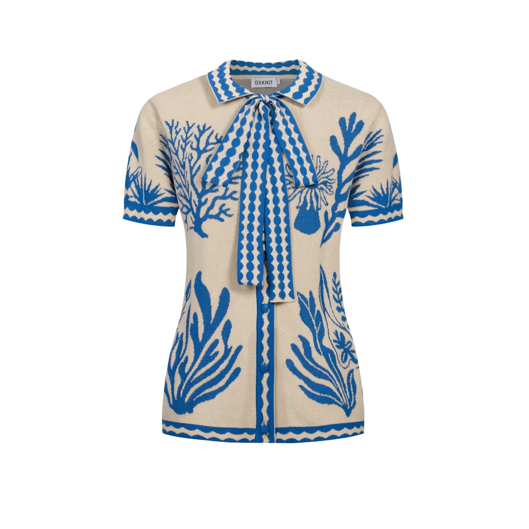 Cardigan de Malha com Laço, Estilo Retro de Resort Oceânico, Damas, Cor Damasco