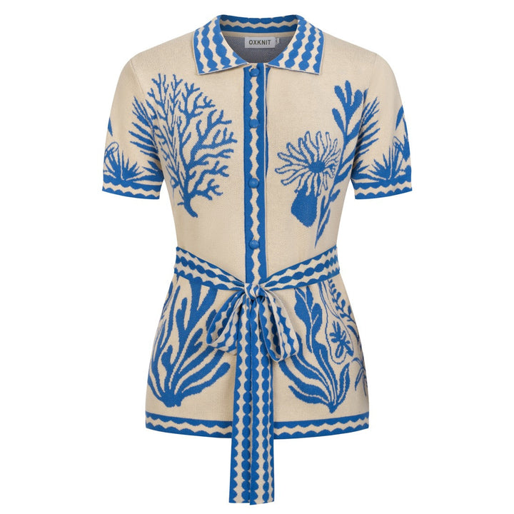 Cardigan de Malha com Laço, Estilo Retro de Resort Oceânico, Damas, Cor Damasco