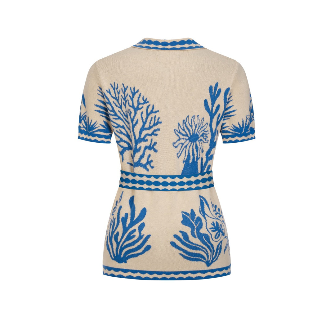 Cardigan de Malha com Laço, Estilo Retro de Resort Oceânico, Damas, Cor Damasco
