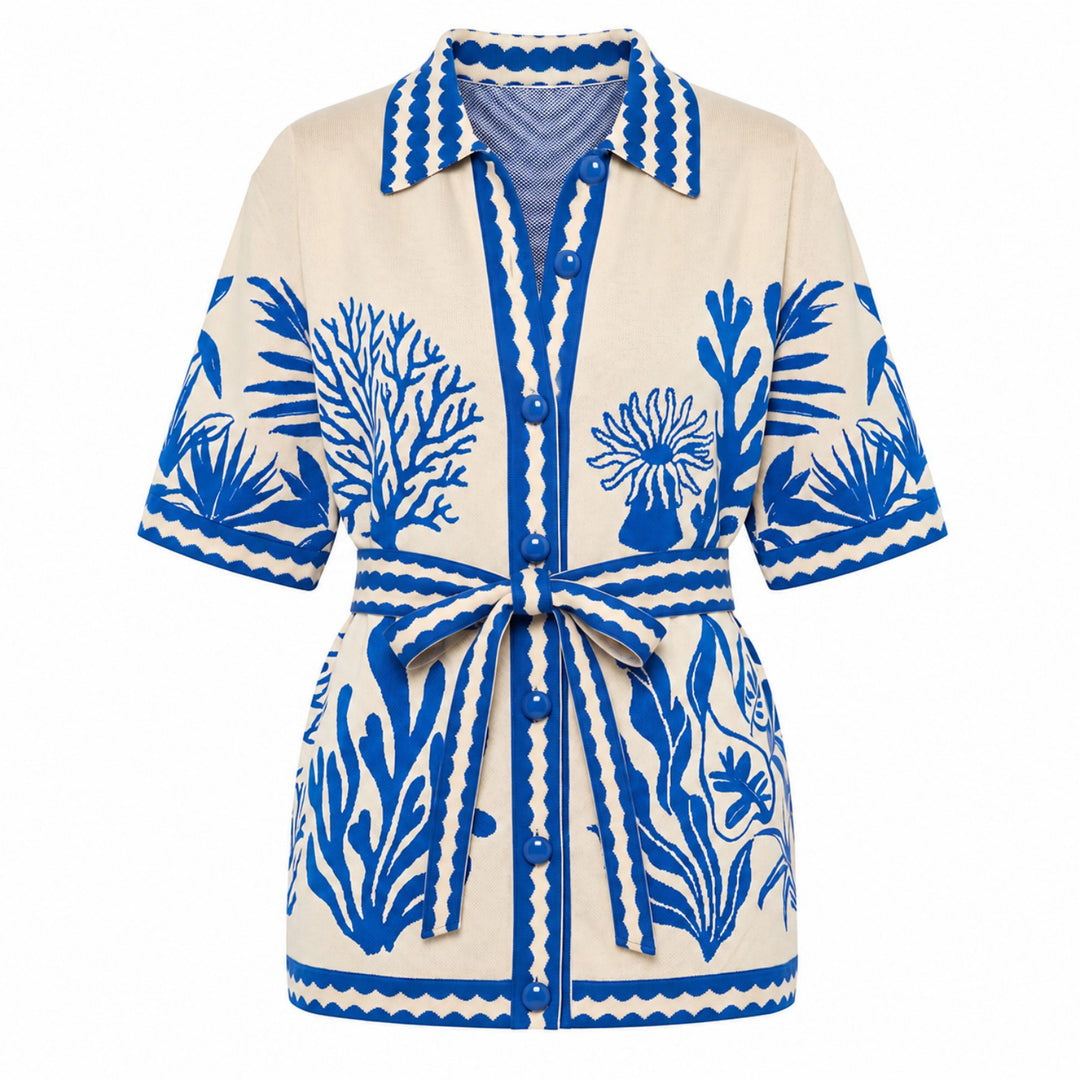 Svart fågelkonst Jacquard Stickad T-shirt för kvinnor