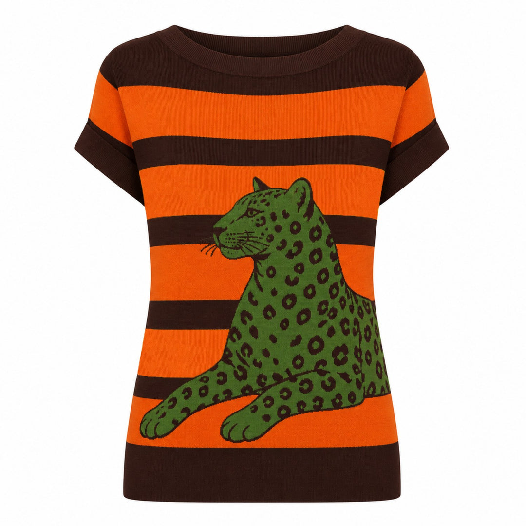 Svart Bee Jacquard vintage stickad V-ringad T-shirt för kvinnor