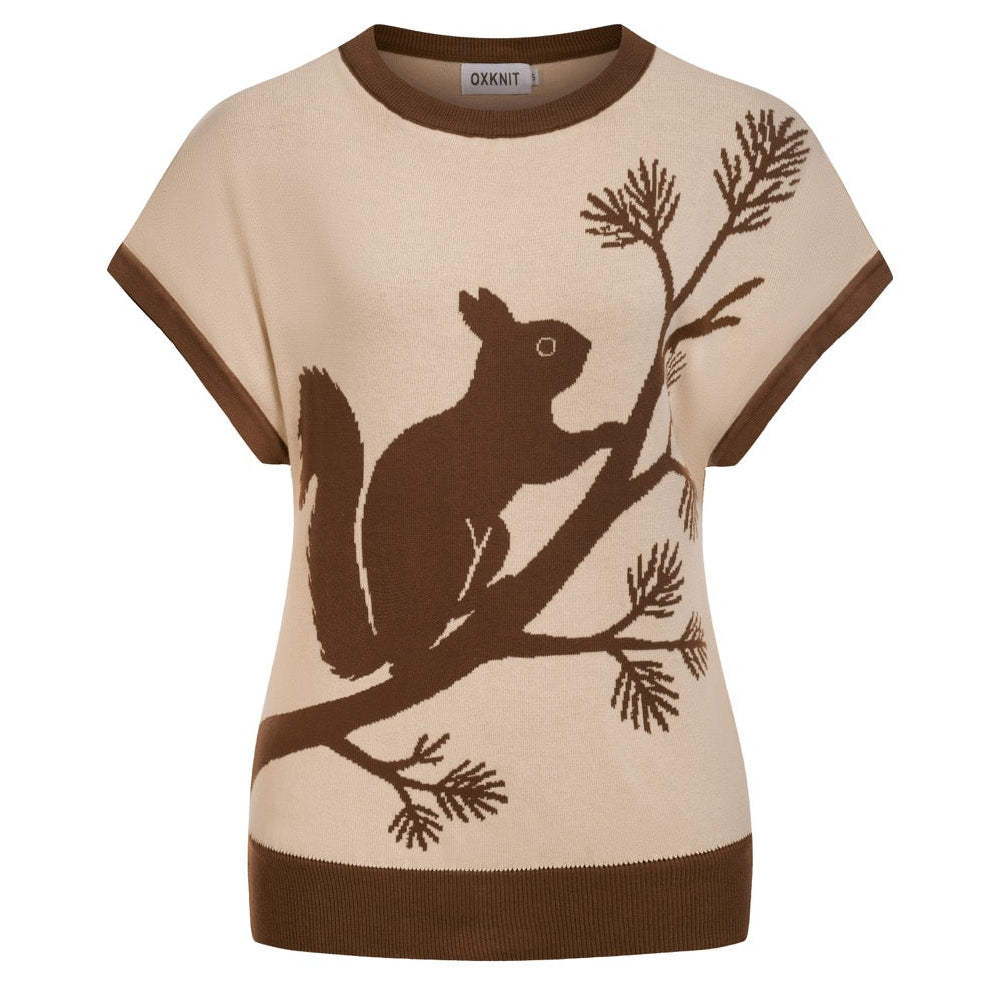 T-shirt de Malha Feminina Retro Bege com Esquilo Jacquard e Manga Dolman
