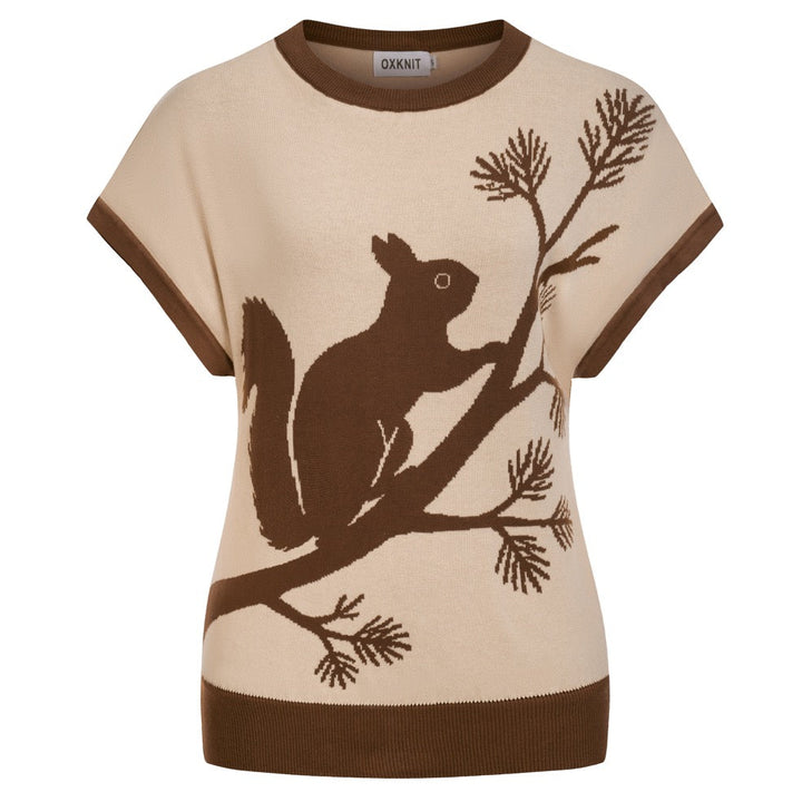 T-shirt de Malha Feminina Retro Bege com Esquilo Jacquard e Manga Dolman