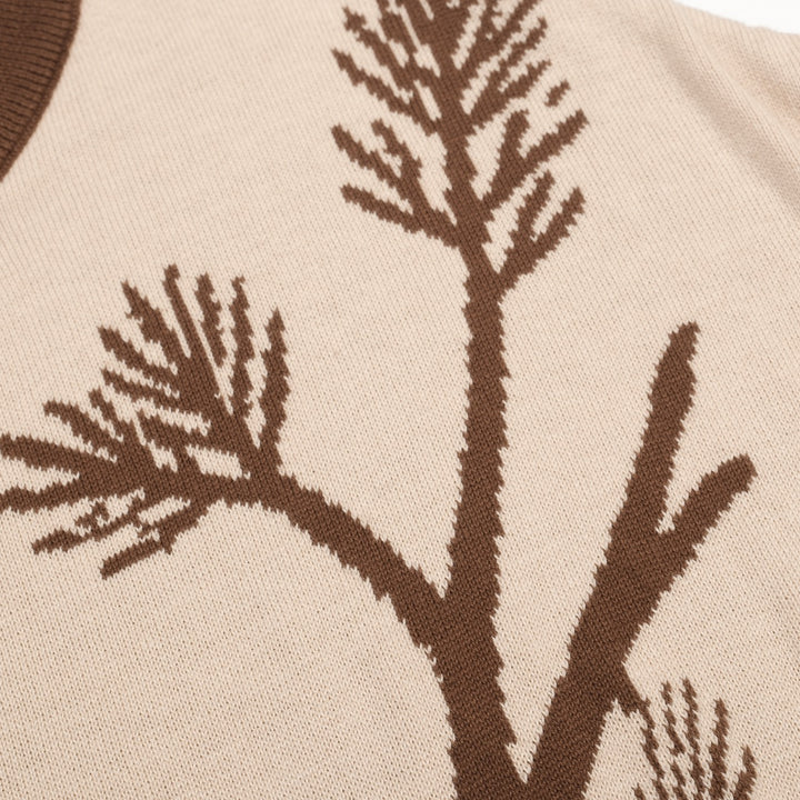 T-shirt de Malha Feminina Retro Bege com Esquilo Jacquard e Manga Dolman