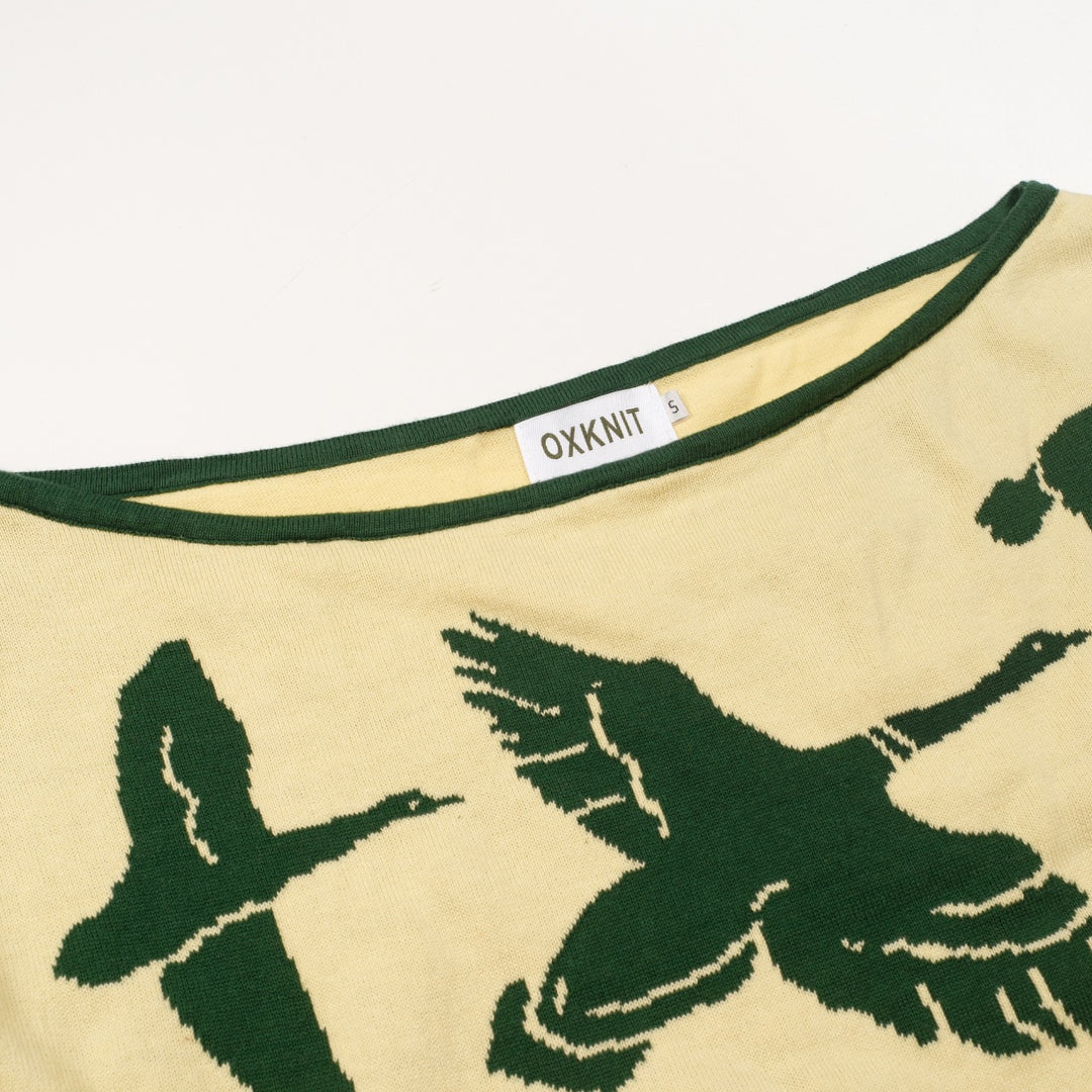 Women's Yellow Flying Bird Pattern Knit Top T-Shirt - Cropped Length