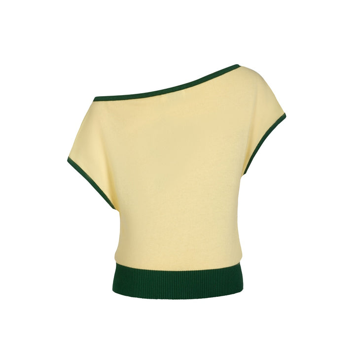 Women's Yellow Flying Bird Pattern Knit Top T-Shirt - Cropped Length