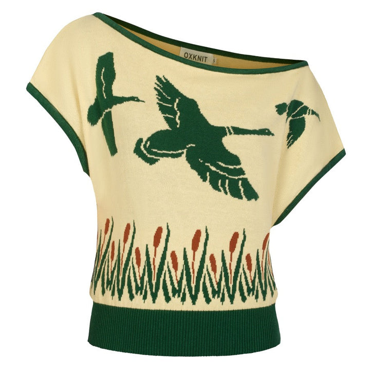 Women's Yellow Flying Bird Pattern Knit Top T-Shirt - Cropped Length