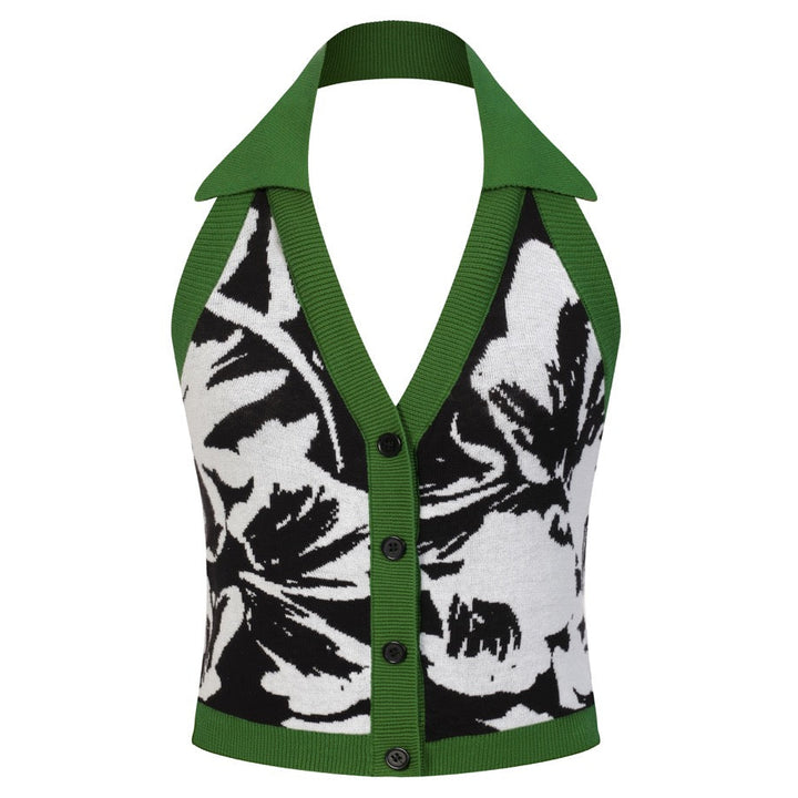 Women's Black and White Floral Pattern Halter Knit Vest