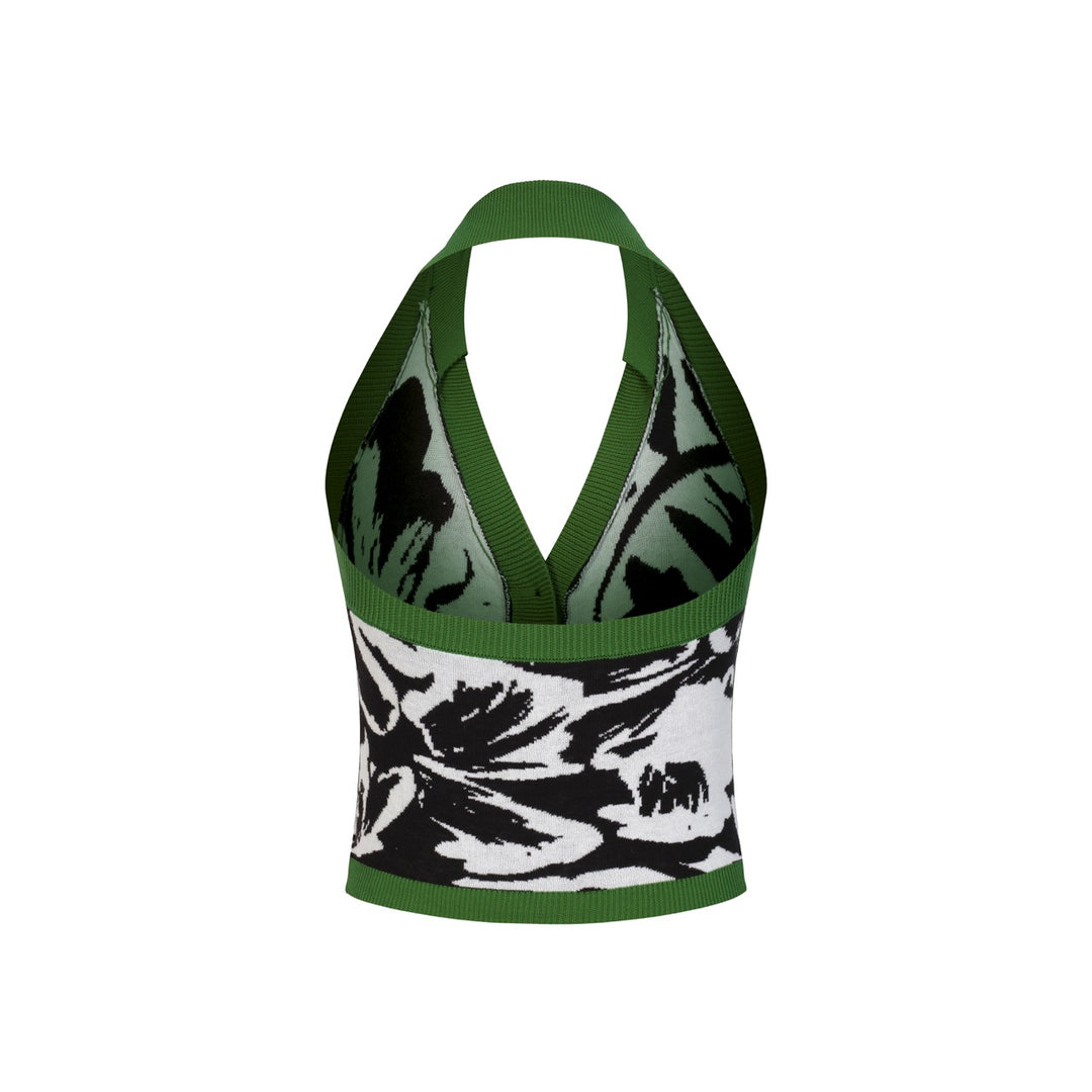Women's Black and White Floral Pattern Halter Knit Vest
