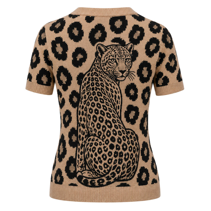 Svart fågelkonst Jacquard Stickad T-shirt för kvinnor