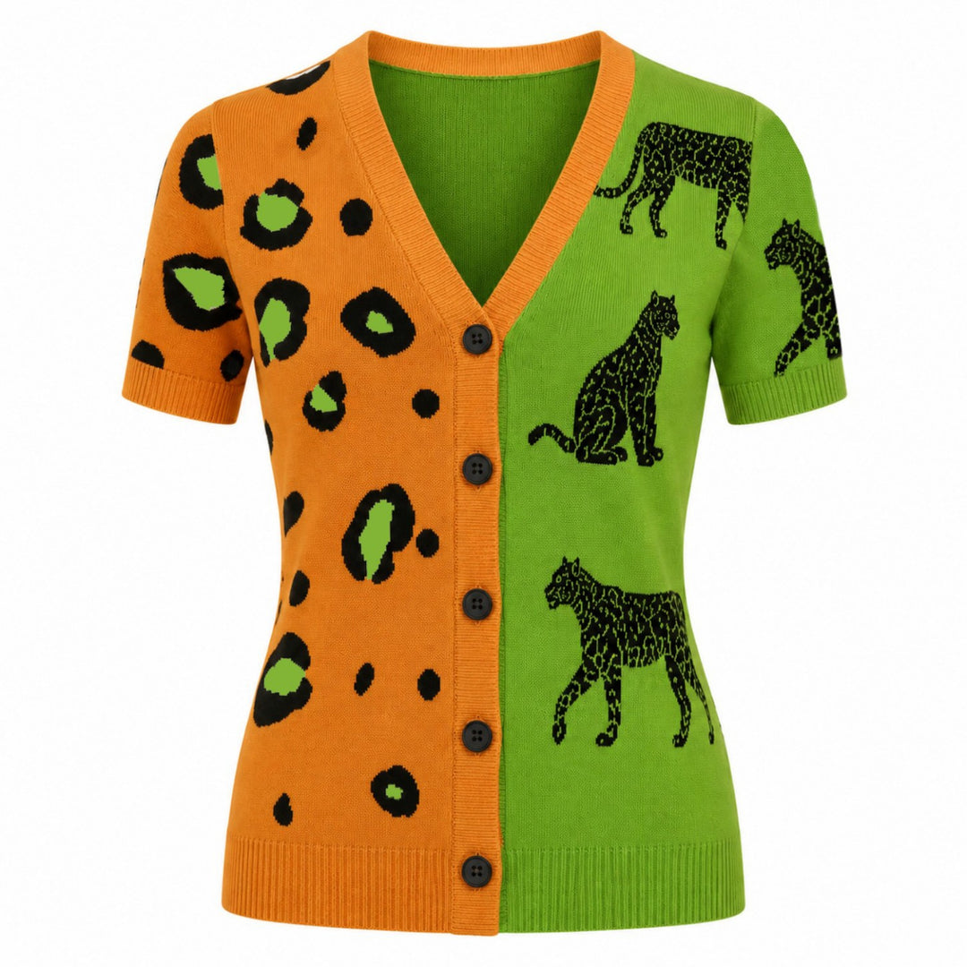 Svart fågelkonst Jacquard Stickad T-shirt för kvinnor