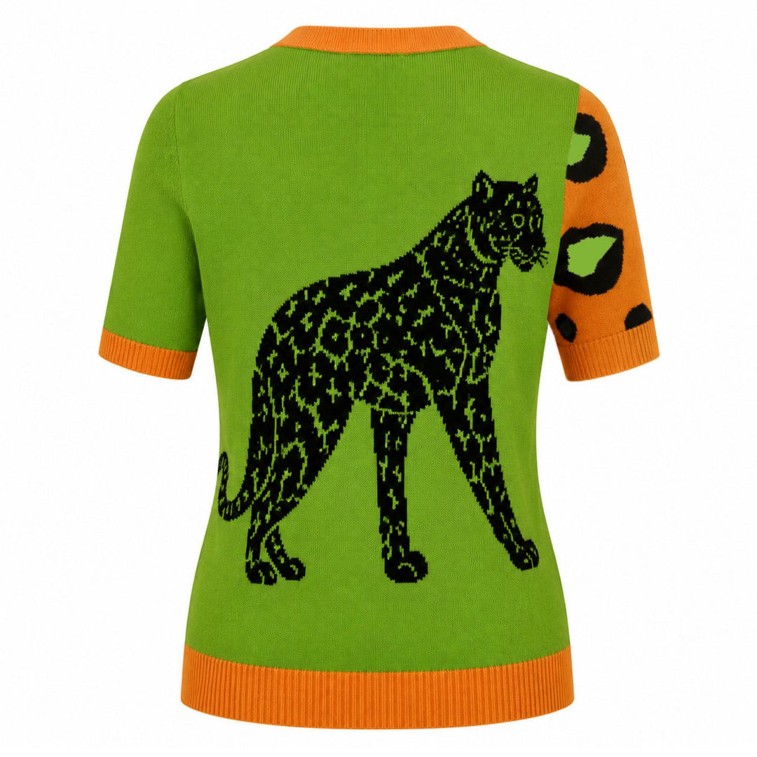 Svart fågelkonst Jacquard Stickad T-shirt för kvinnor