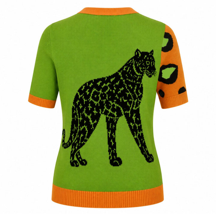 Svart fågelkonst Jacquard Stickad T-shirt för kvinnor