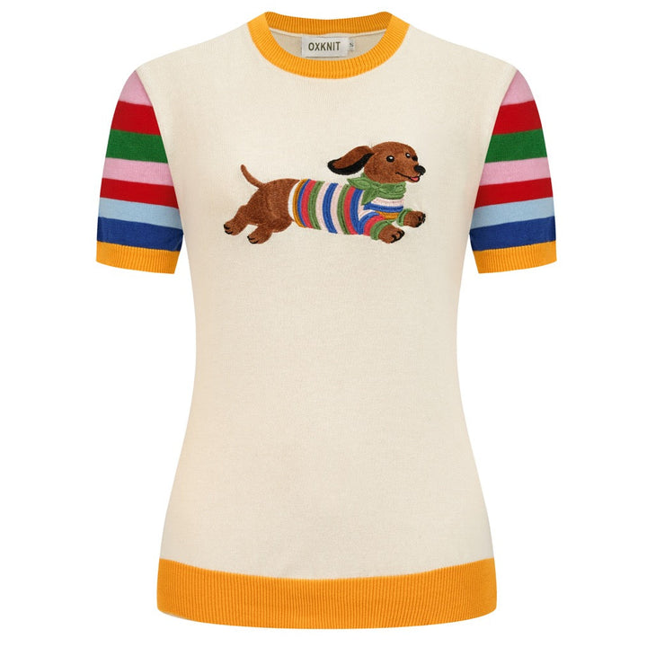 Women's Apricot Playful Dog Embroidered Crew Neck Knit T-shirt
