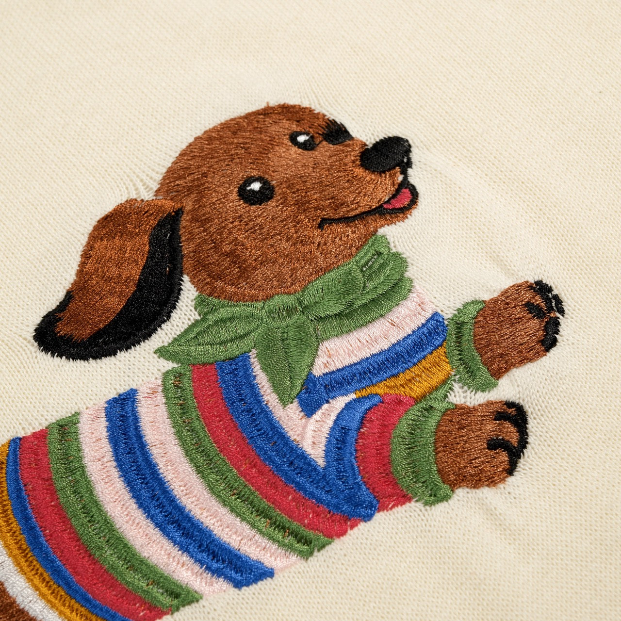 Women's Apricot Playful Dog Embroidered Crew Neck Knit T-shirt