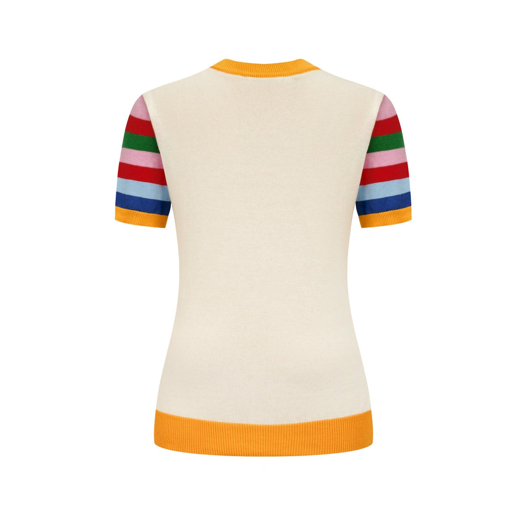 Women's Apricot Playful Dog Embroidered Crew Neck Knit T-shirt