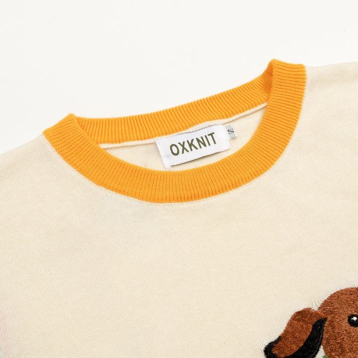 Women's Apricot Playful Dog Embroidered Crew Neck Knit T-shirt