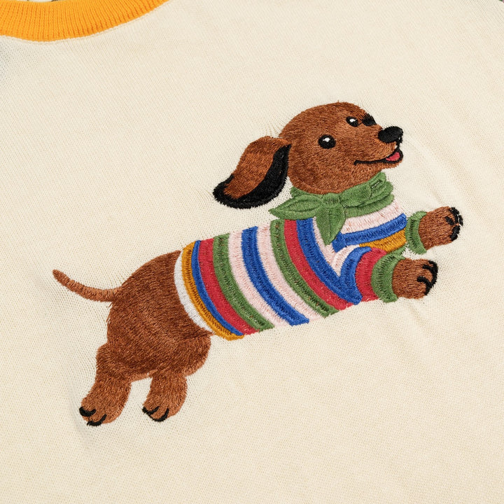 Women's Apricot Playful Dog Embroidered Crew Neck Knit T-shirt
