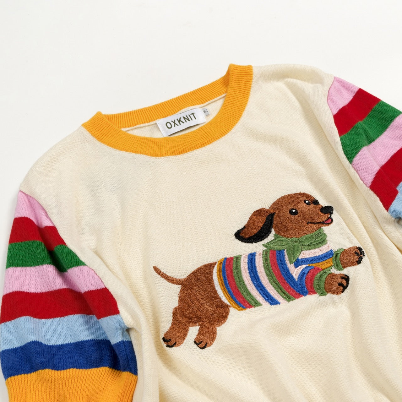Women's Apricot Playful Dog Embroidered Crew Neck Knit T-shirt
