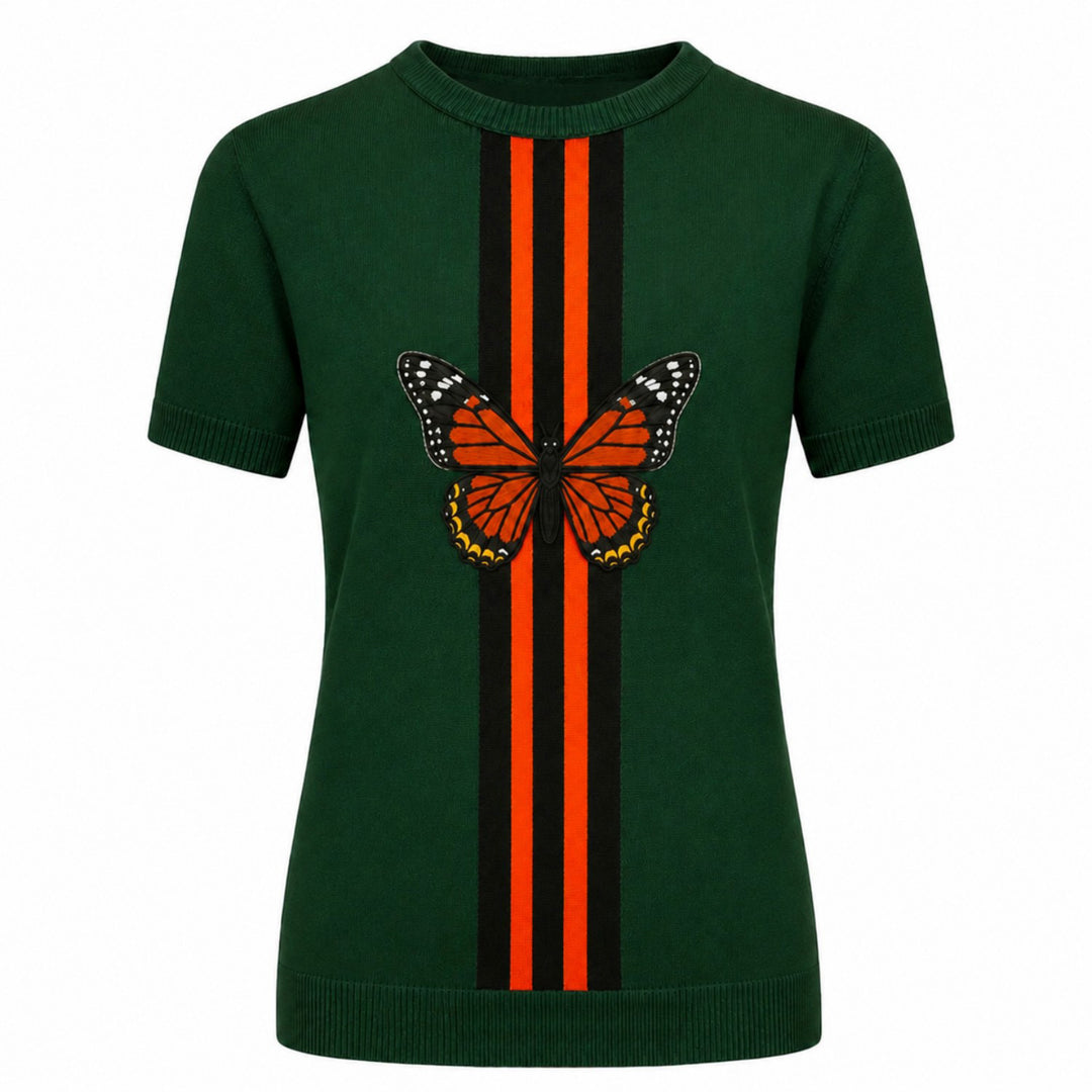 Braun gestreiftes Jacquard-Strick-T-Shirt für Damen