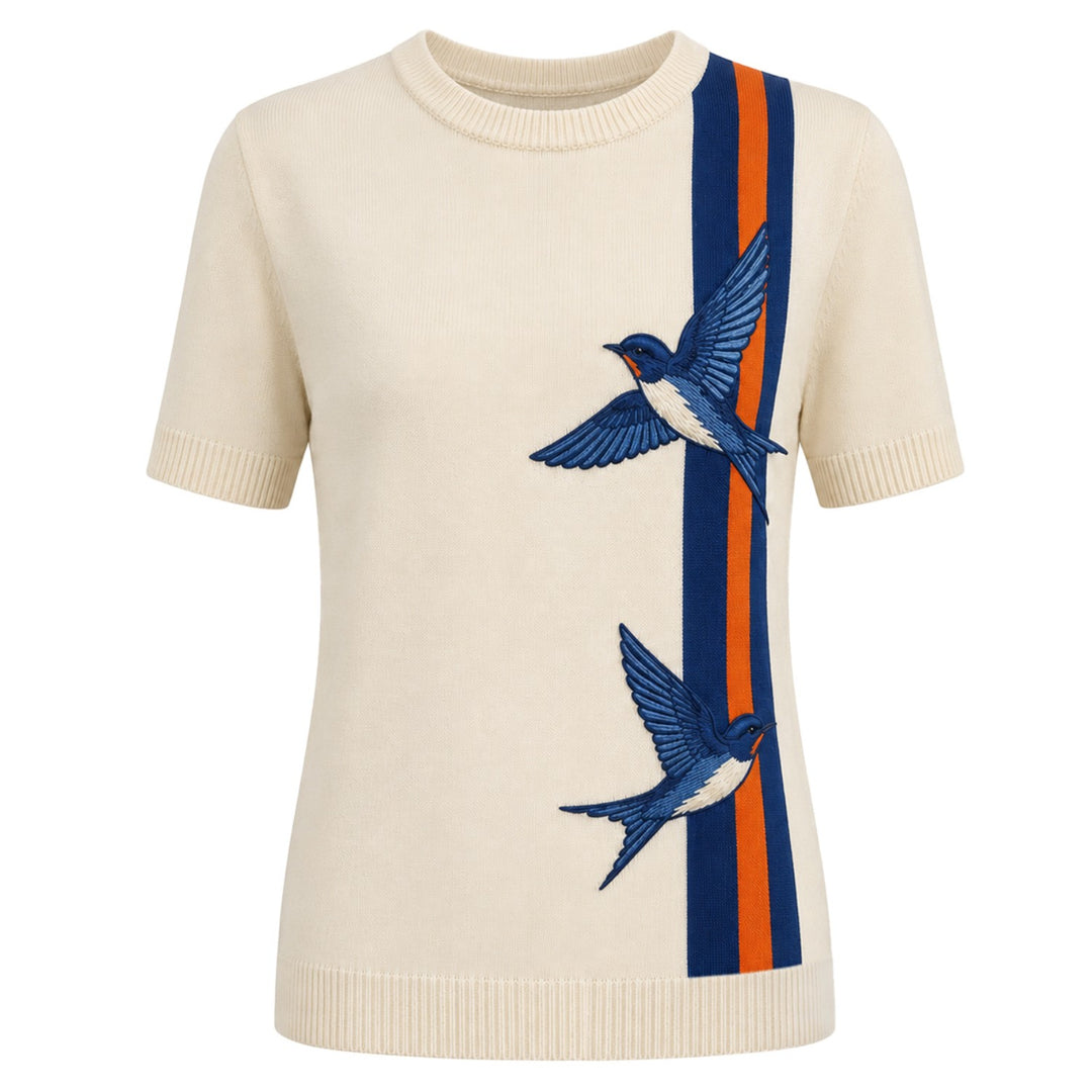 Brunrandig Jacquardstickad T-shirt för kvinnor
