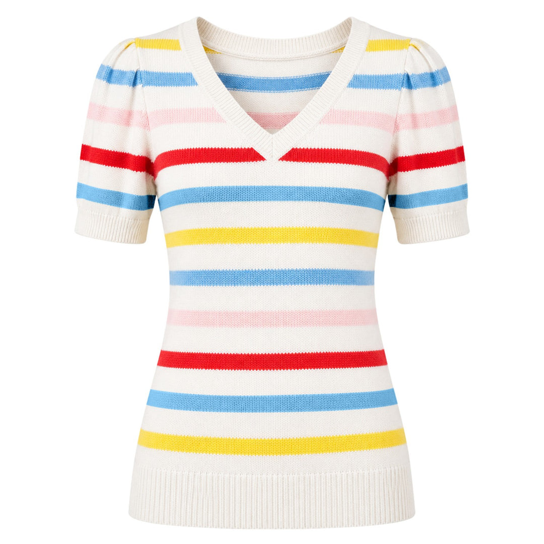Bruin gestreept jacquardgebreid T-shirt voor dames