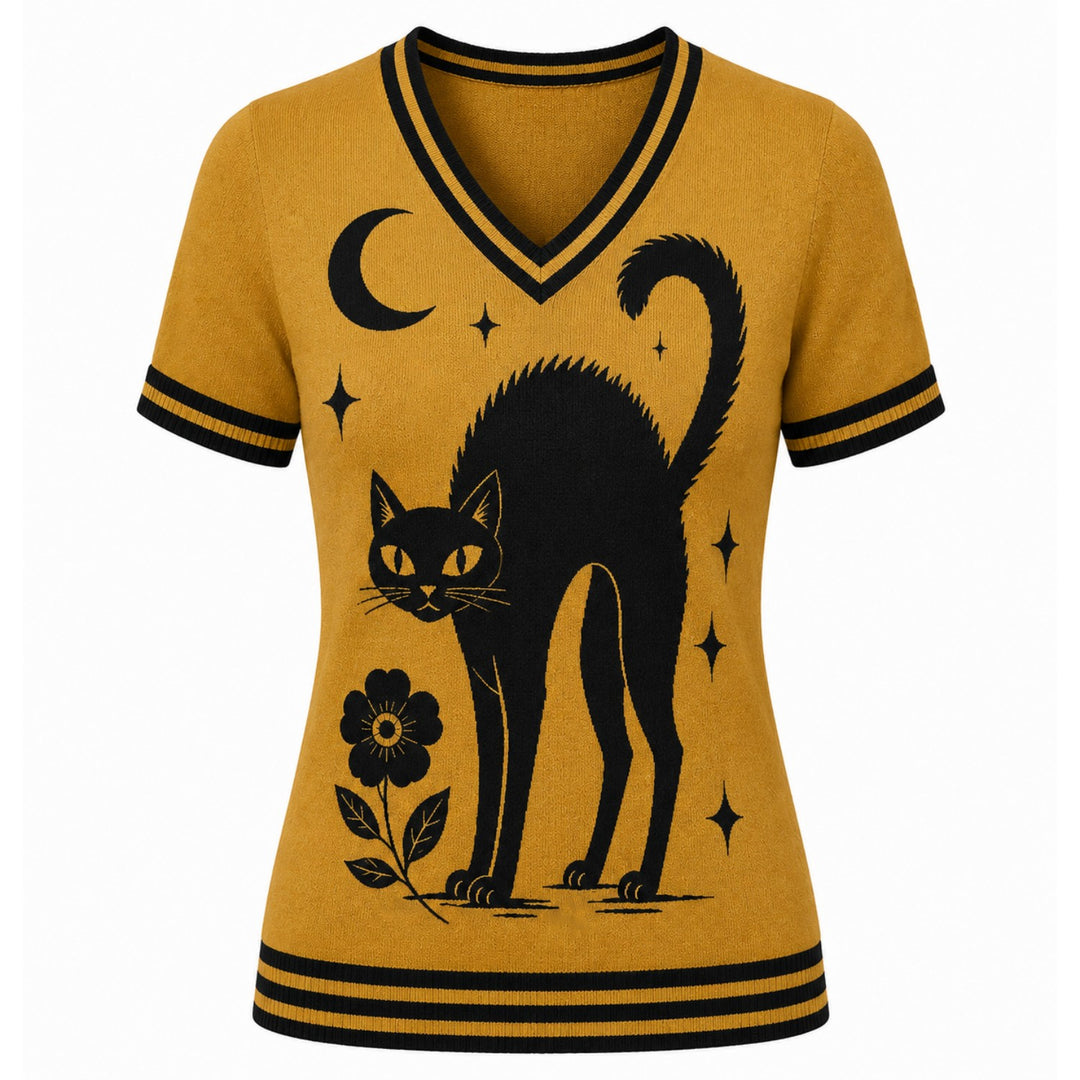 Bruin gestreept jacquardgebreid T-shirt voor dames