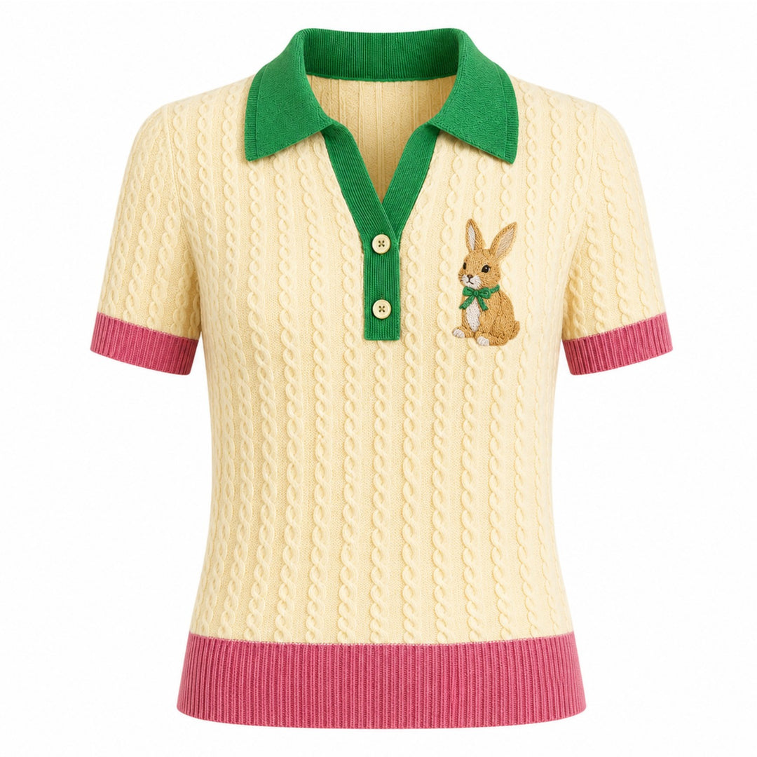 Dam Topp i 70-tals Retro Jacquardstil Stickad T-shirt - Kort Modell
